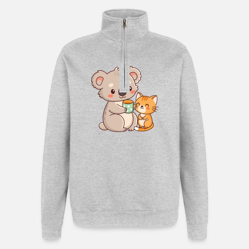 Koala et chat café mignon - Sweat à zip 1/4 - gris chiné