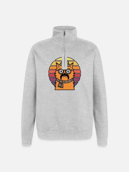 Hipster Cat Beanie Mustache Retro Sunset - Quarter-Zip Sweatshirt - heather grey