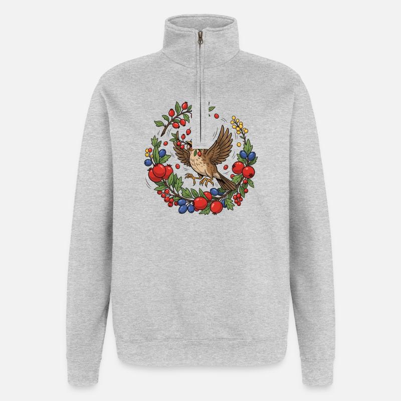 Fröhlicher Vogel im Beerenkranz - Quarter-Zip-Sweatshirt - Grau meliert