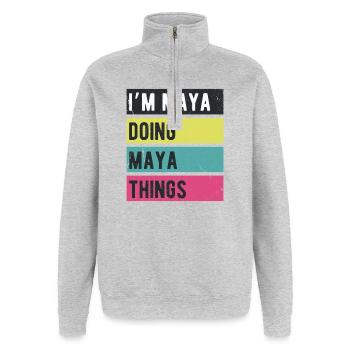 Ich bin Maya und mache Maya-Dinge Retro-Farben - Quarter-Zip-Sweatshirt - Grau meliert - Vorne - AI Model Female 172 light (172cm) & AI Model Male 178 dark (178cm)