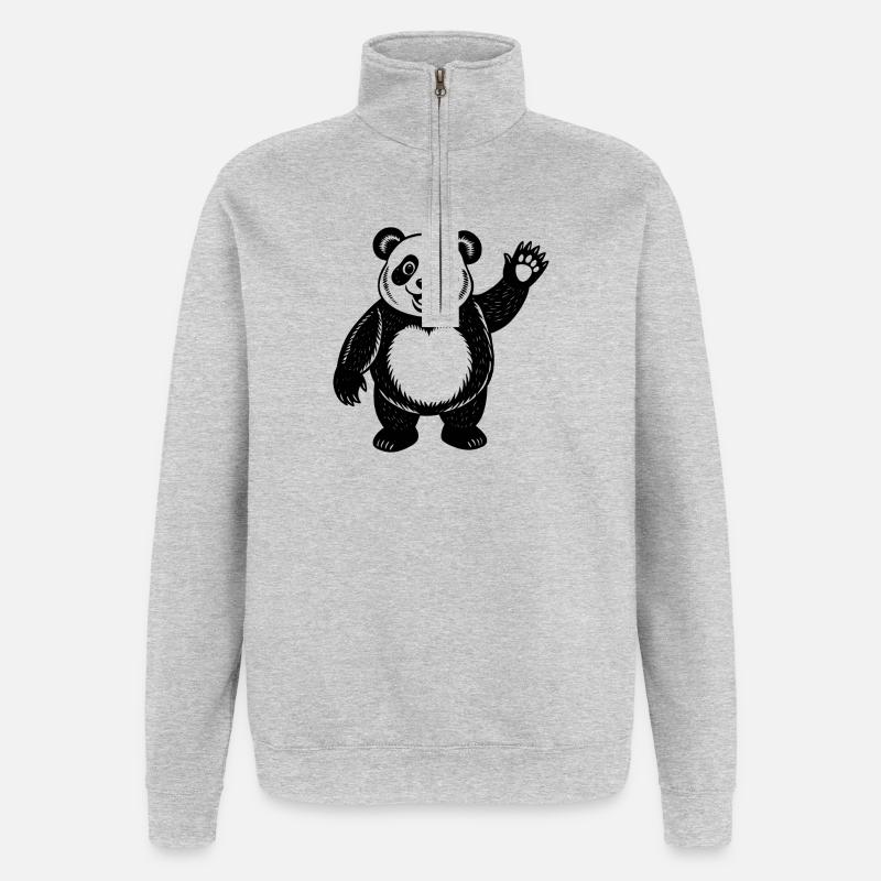 Panda winkt Hallo - Quarter-Zip-Sweatshirt - Grau meliert