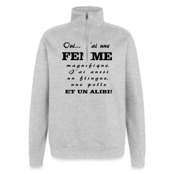 Une femme magnifique  - Sweat à zip 1/4 - gris chiné - Devant - AI Model Female 172 light (172cm) & AI Model Male 178 dark (178cm)