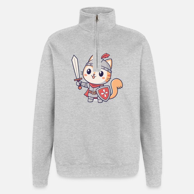 Chat Chevalier Épée et Bouclier - Sweat à zip 1/4 - gris chiné