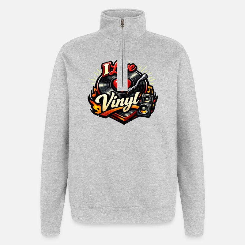 Ich liebe Vinyl - Quarter-Zip-Sweatshirt - Grau meliert