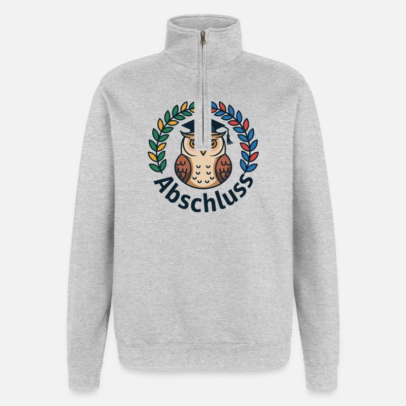 Abschluss-Eule mit Kranz und Mütze - Quarter-Zip-Sweatshirt - Grau meliert