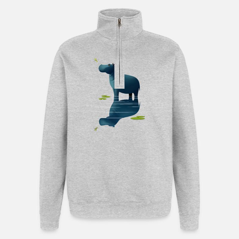 Hippopotame et libellule - Sweat à zip 1/4 - gris chiné