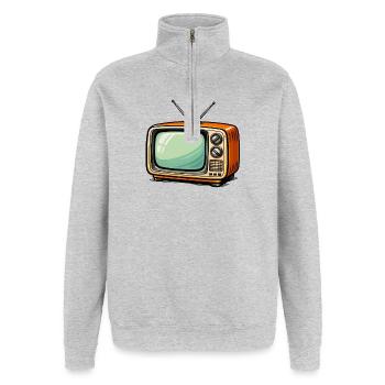 Dessin animé télévisé rétro TV - Sweat à zip 1/4 - gris chiné - Devant - AI Model Female 172 light (172cm) & AI Model Male 178 dark (178cm)