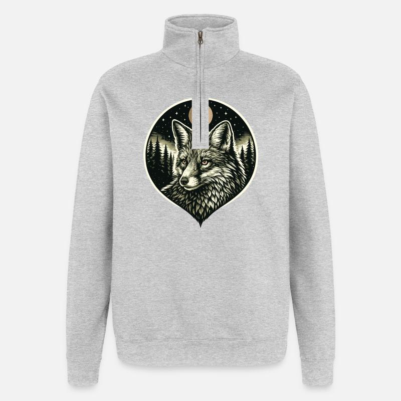 Silent Mind - Fuchs im Woodcut Stil - Quarter-Zip-Sweatshirt - Grau meliert