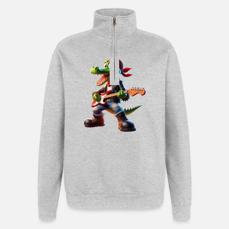 Kroko-Rocker mit Gitarre - Quarter-Zip-Sweatshirt - Grau meliert