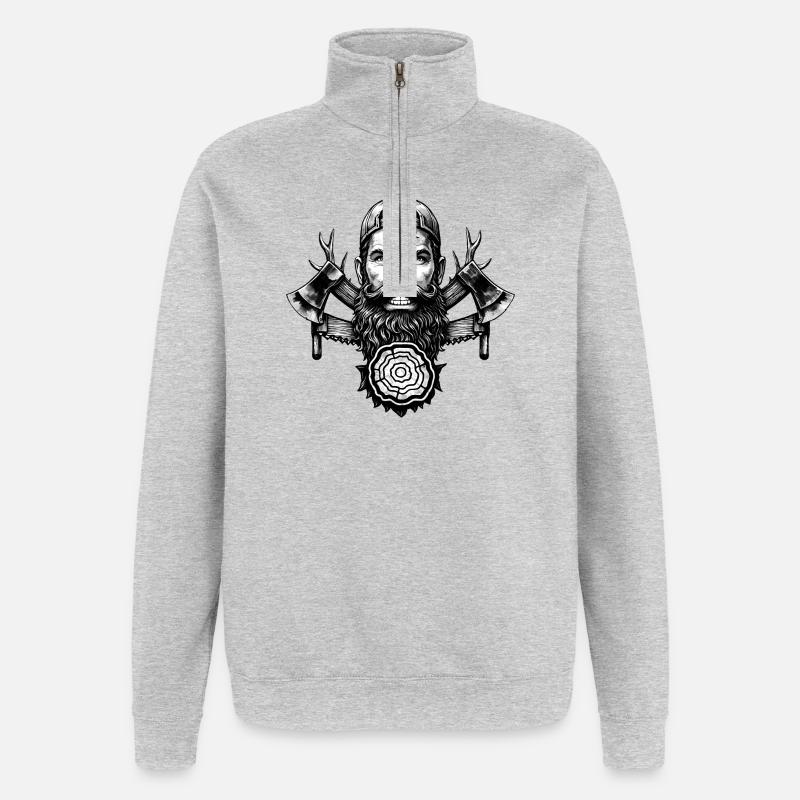 Holzfäller mit Bart, Äxten und Baumstamm - Quarter-Zip-Sweatshirt - Grau meliert