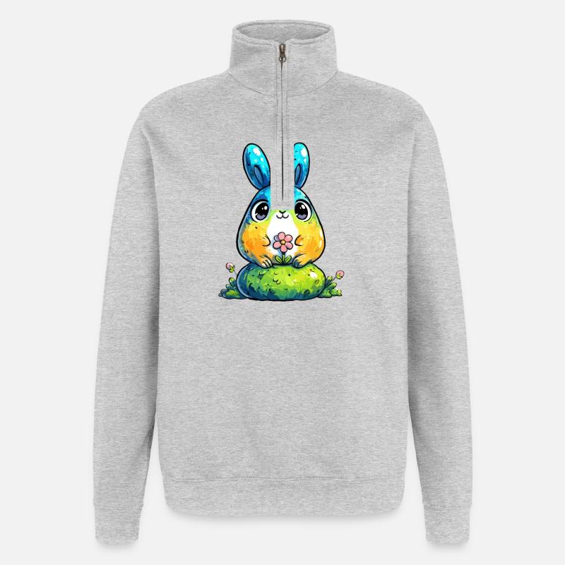 Lapin aquarelle avec fleur - Sweat à zip 1/4 - gris chiné