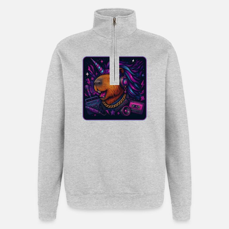 Capybara Einhorn Retro DJ - Quarter-Zip-Sweatshirt - Grau meliert