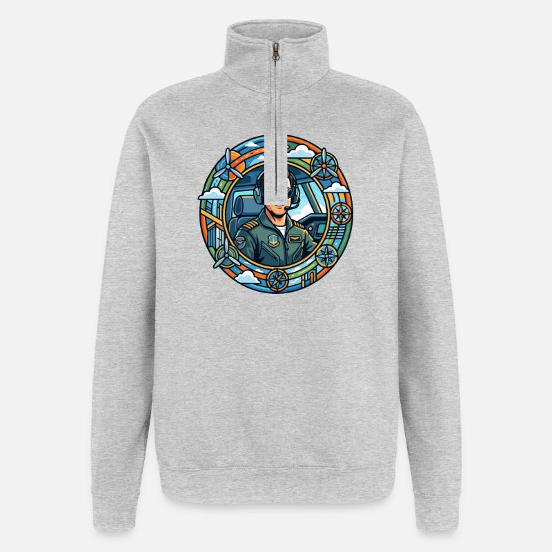 Comic-Pilot im Cockpit Rundflug - Quarter-Zip-Sweatshirt - Grau meliert