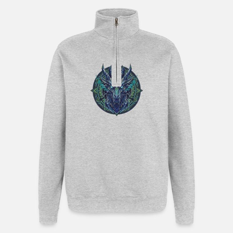 Blaugrünes Drachen - Mandala - Quarter-Zip-Sweatshirt - Grau meliert