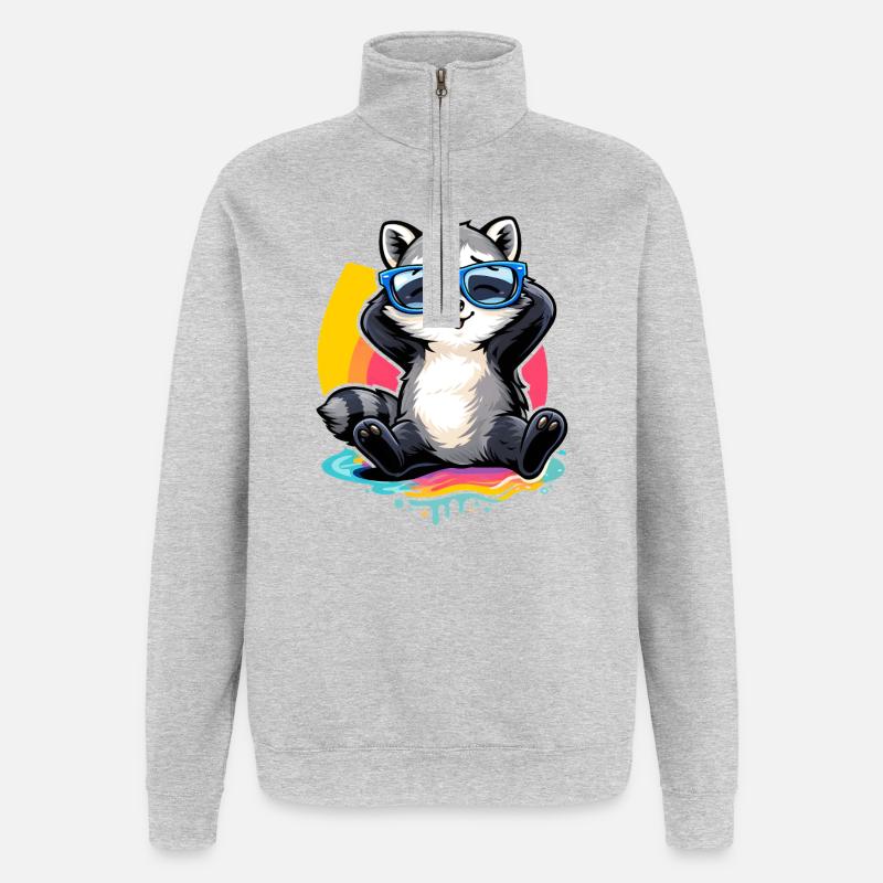 Relaxter Waschbär mit Sonnenbrille   - Quarter-Zip-Sweatshirt - Grau meliert