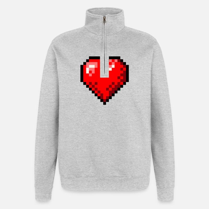 Pixel Art Rétro Single Heart - Sweat à zip 1/4 - gris chiné