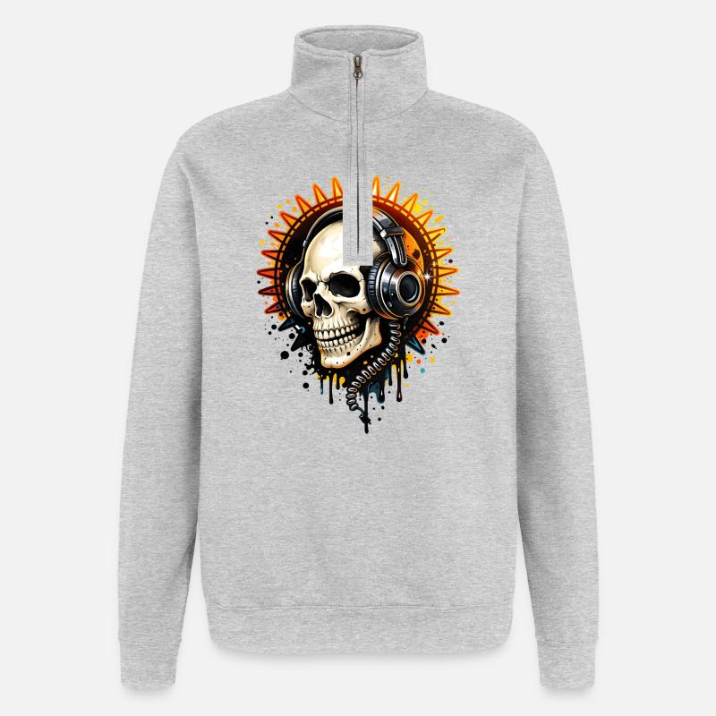 Illustration de crâne avec casque - Sweat à zip 1/4 - gris chiné