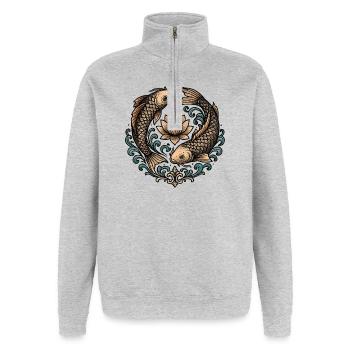 Tatouage d’harmonie du cercle de koi et lotus - Sweat à zip 1/4 - gris chiné - Devant - AI Model Female 172 light (172cm) & AI Model Male 178 dark (178cm)
