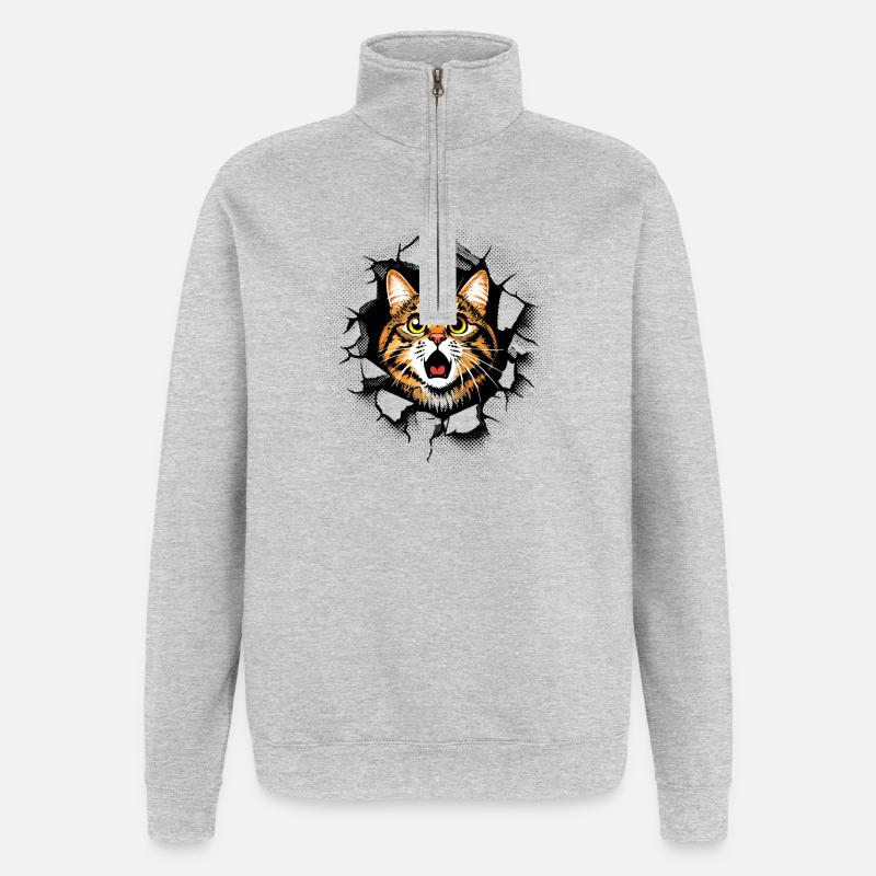 Katze Kopf Mauer Loch Risse Durchbruch - Quarter-Zip-Sweatshirt - Grau meliert