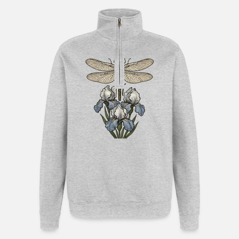 Libellule sur fleurs d’iris - Sweat à zip 1/4 - gris chiné