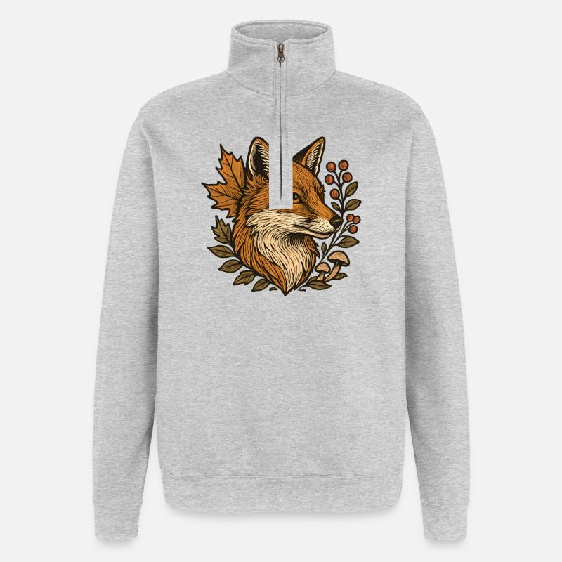 Herbstfuchs im Blätterkranz - Quarter-Zip-Sweatshirt - Grau meliert