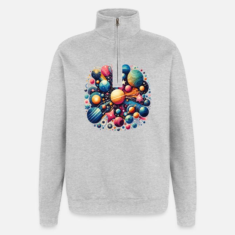 Buntes Planeten-Universum - Quarter-Zip-Sweatshirt - Grau meliert