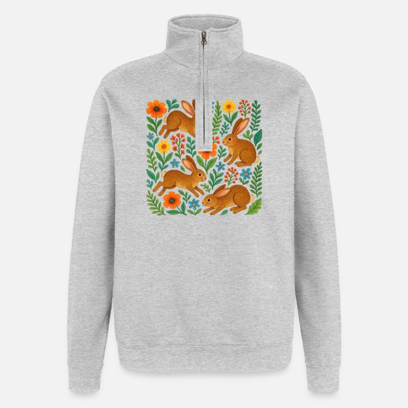 Lapins en fleurs à l’aquarelle - Sweat à zip 1/4 - gris chiné