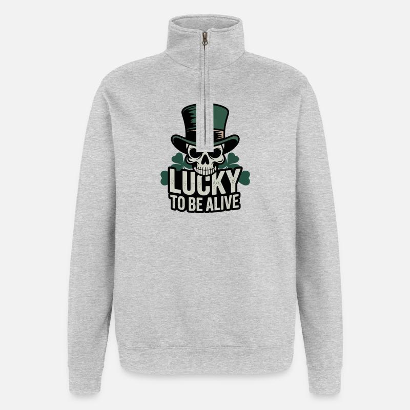 Glücksschädel: Lucky to be Alive - Quarter-Zip-Sweatshirt - Grau meliert