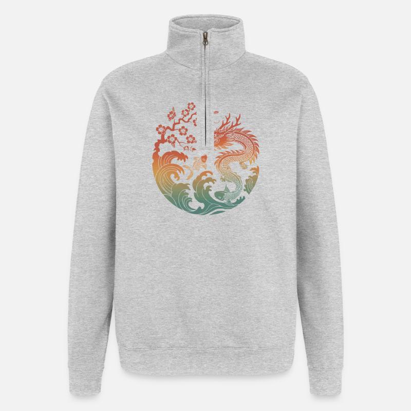 Conception du cercle Dragon & Koi - Sweat à zip 1/4 - gris chiné