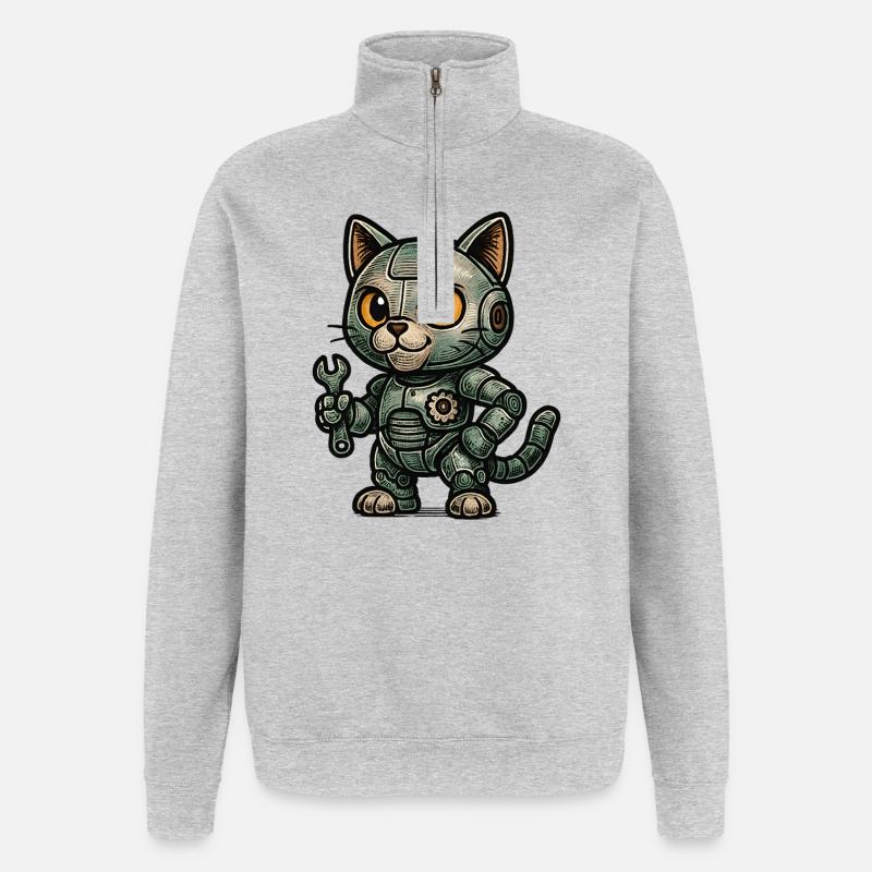 Retro RoboKatze mit Werkzeug - Quarter-Zip-Sweatshirt - Grau meliert