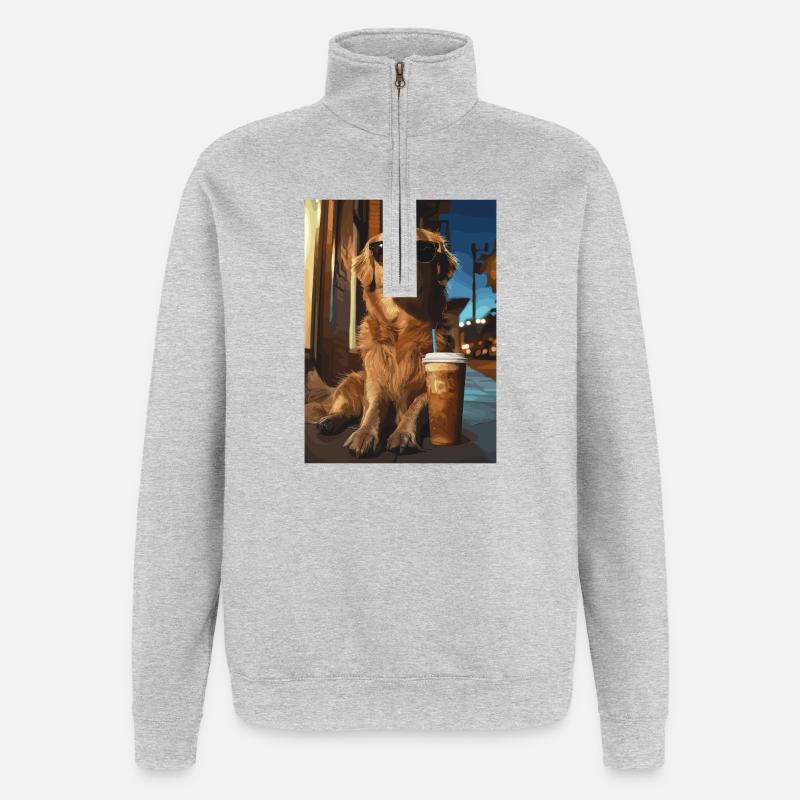 Golden Retriever mit Eiskaffee - Quarter-Zip-Sweatshirt - Grau meliert