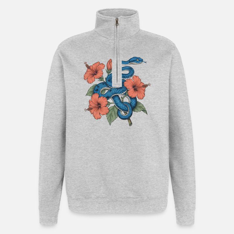 Serpent d’azur au milieu de l’hibiscus - Sweat à zip 1/4 - gris chiné