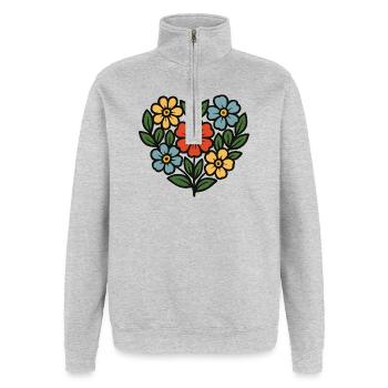 Blumenstrauß Folk-Stil - Quarter-Zip-Sweatshirt - Grau meliert - Vorne - AI Model Female 172 light (172cm) & AI Model Male 178 dark (178cm)