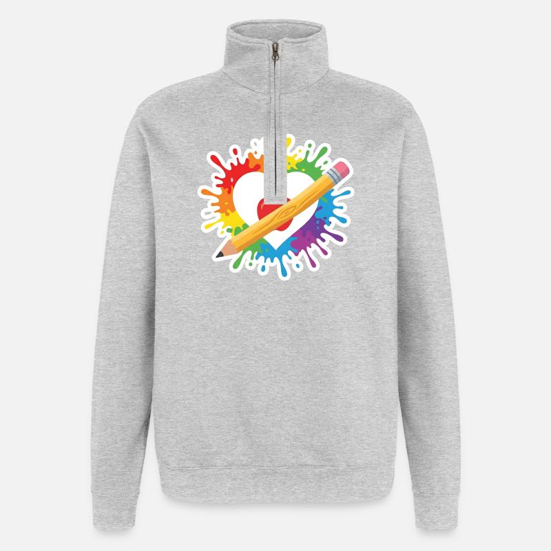 Lehrer Herz Regenbogen Apfel Buntstift Schule - Quarter-Zip-Sweatshirt - Grau meliert
