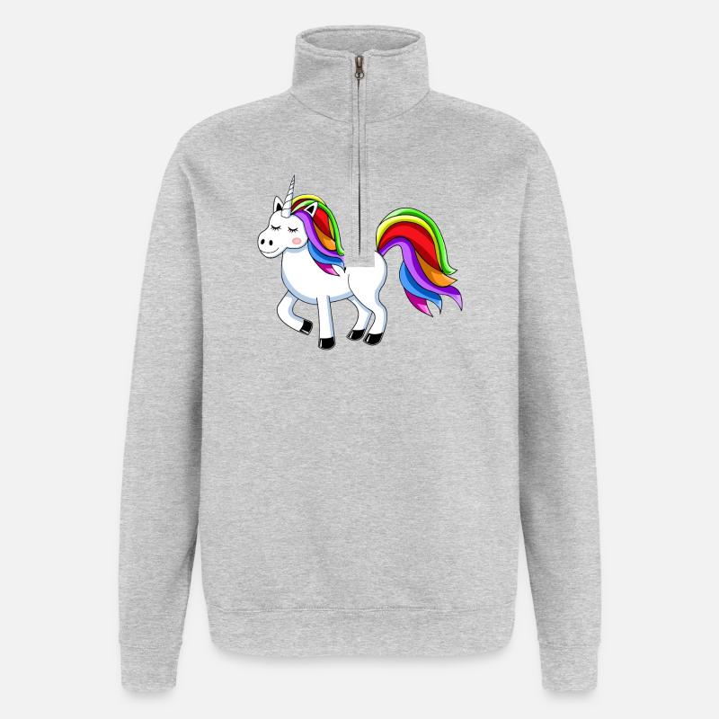 Regenbogen-Einhorn Cartoon-Design - Quarter-Zip-Sweatshirt - Grau meliert