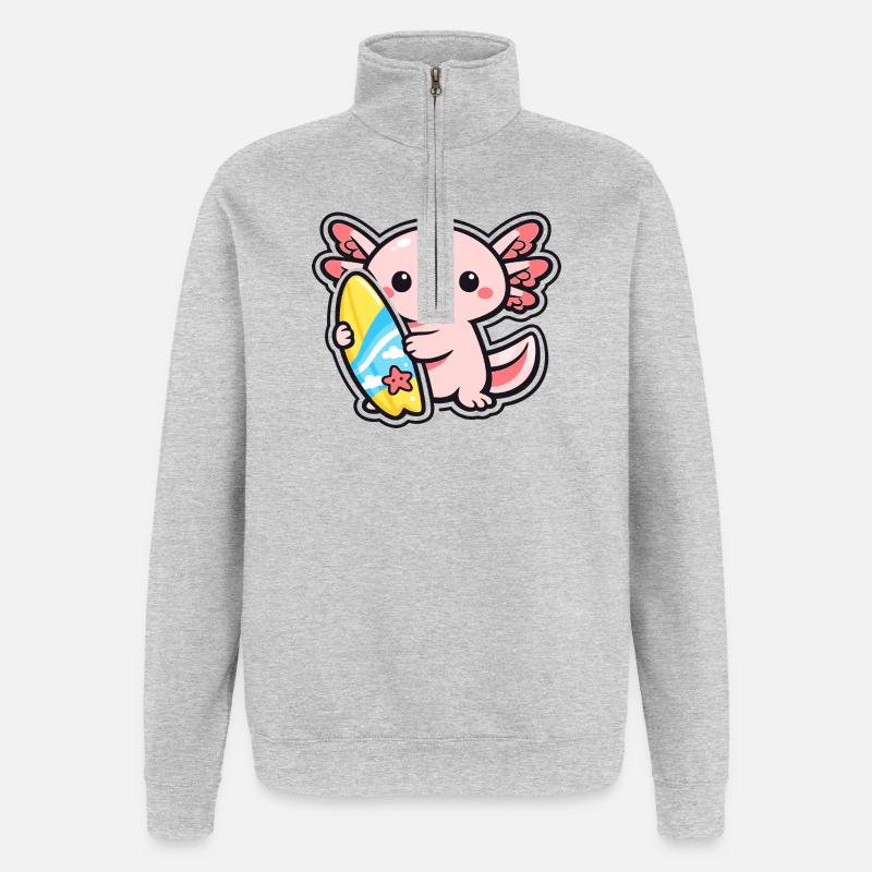 Kawaii Axolotl mit Surfbrett - Quarter-Zip-Sweatshirt - Grau meliert