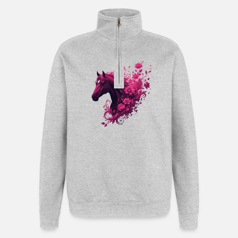 Cheval magenta avec tourbillon de fleurs - Sweat à zip 1/4 - gris chiné