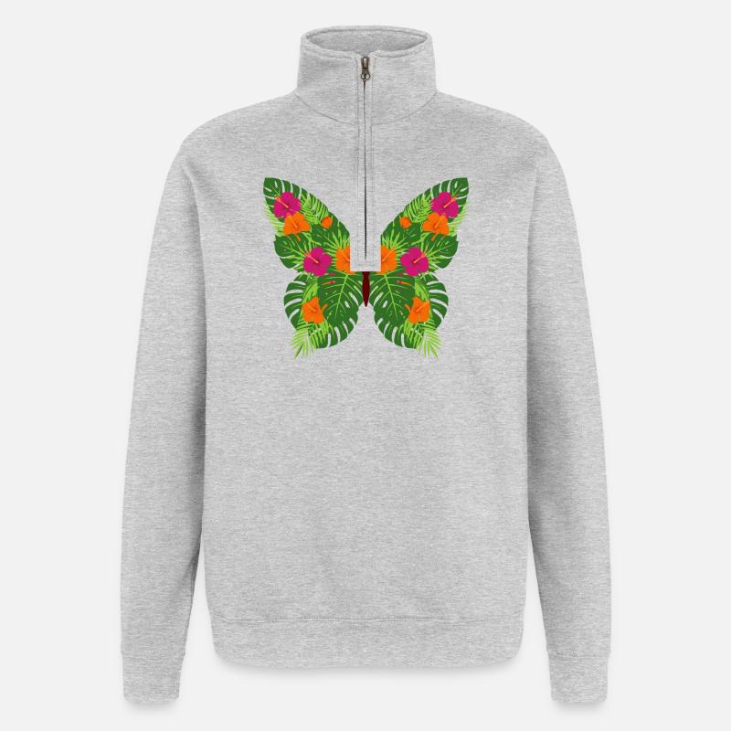 Papillon tropical des feuilles - Sweat à zip 1/4 - gris chiné
