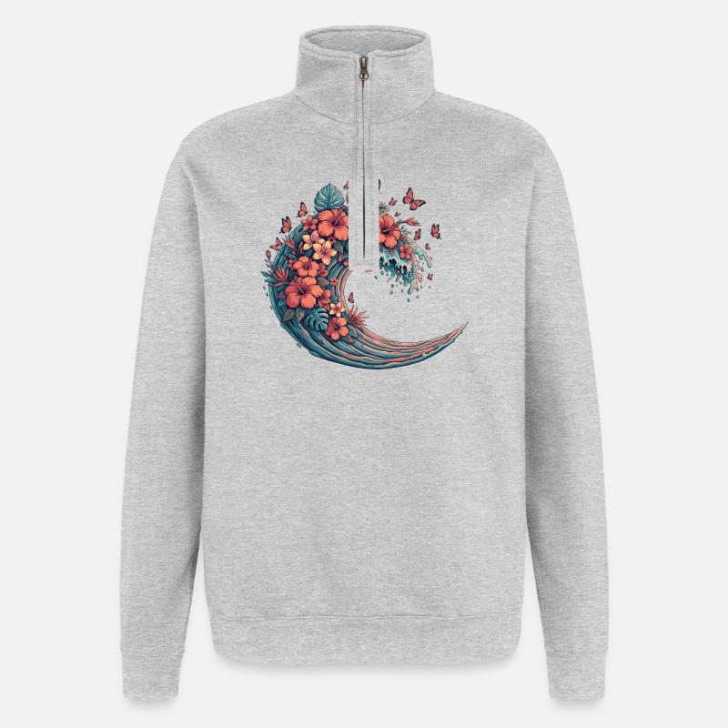 Vague lunaire avec des fleurs tropicales - Sweat à zip 1/4 - gris chiné