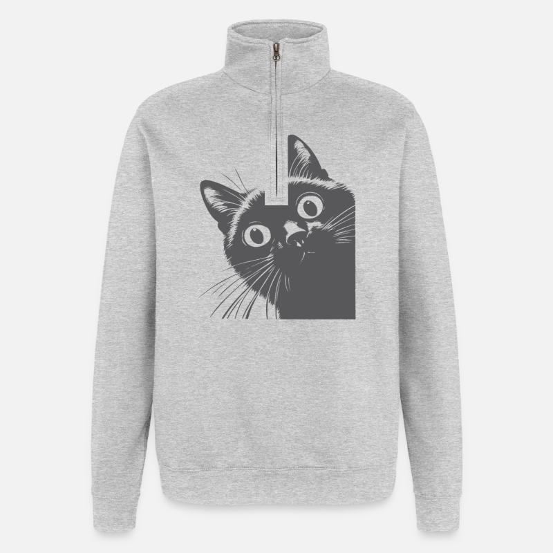 Chat noir - Sweat à zip 1/4 - gris chiné
