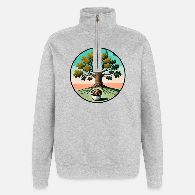 Retro-Baum des Lebens mit Eichel - Quarter-Zip-Sweatshirt - Grau meliert