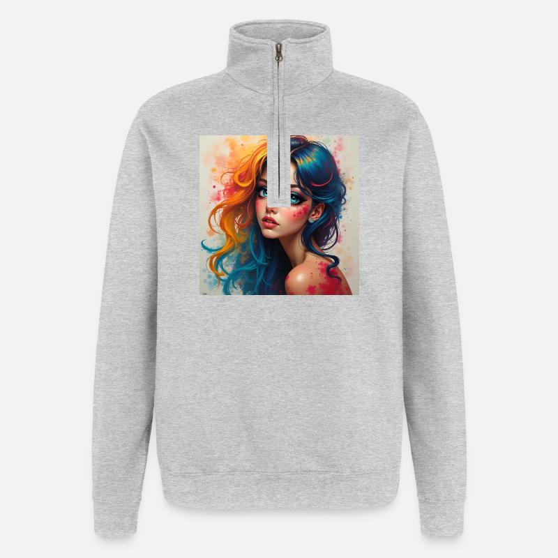Regenbogen-Haar-Porträt-Splash - Quarter-Zip-Sweatshirt - Grau meliert