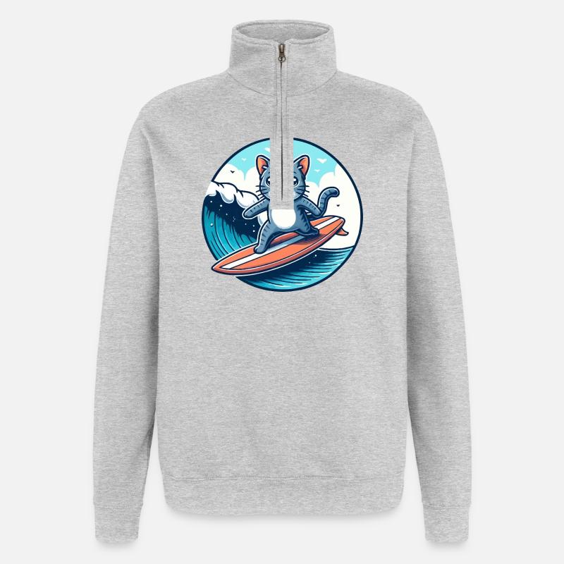 Des surfeurs chats sur la vague - Sweat à zip 1/4 - gris chiné