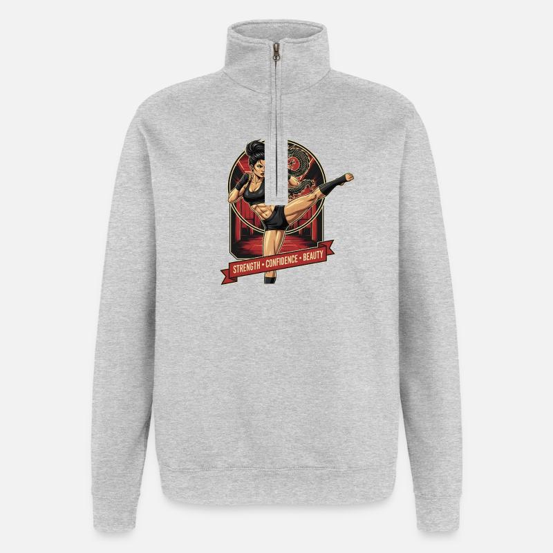 Kampfkunstheldin mit Drache - Quarter-Zip-Sweatshirt - Grau meliert