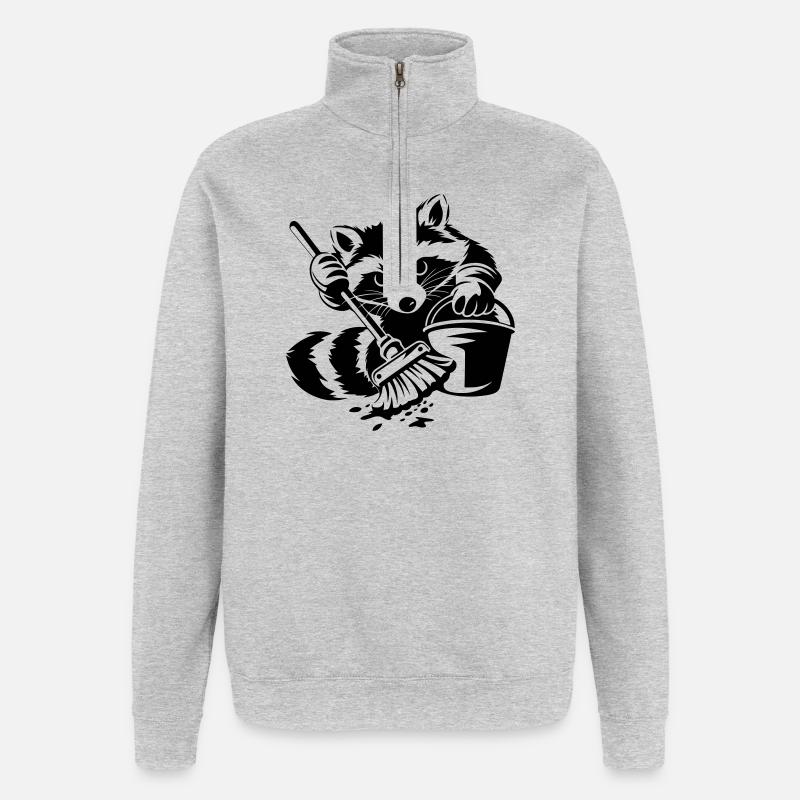 Waschbär mit Eimer & Mopp - Quarter-Zip-Sweatshirt - Grau meliert