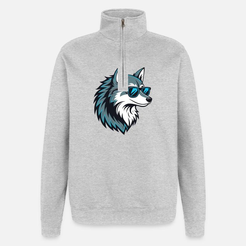 Stylischer Wolf mit blauer Brille - Quarter-Zip-Sweatshirt - Grau meliert