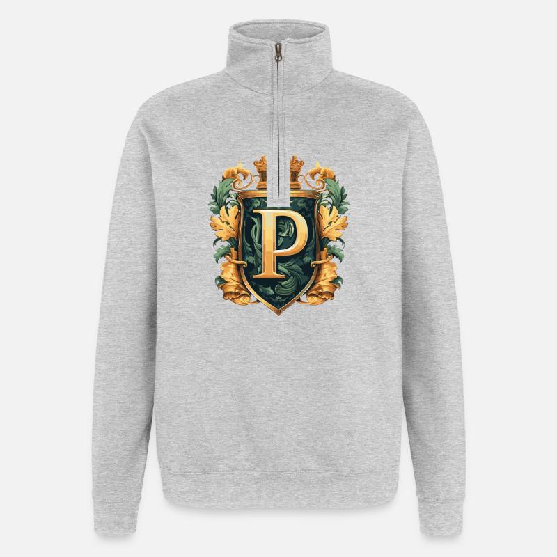 P Buchstabe Name Krone - Quarter-Zip-Sweatshirt - Grau meliert