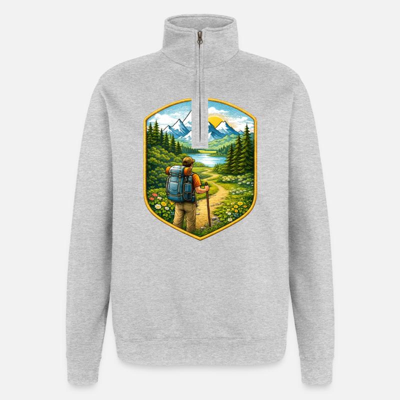 Wanderer Patch mit Berglandschaft  - Quarter-Zip-Sweatshirt - Grau meliert