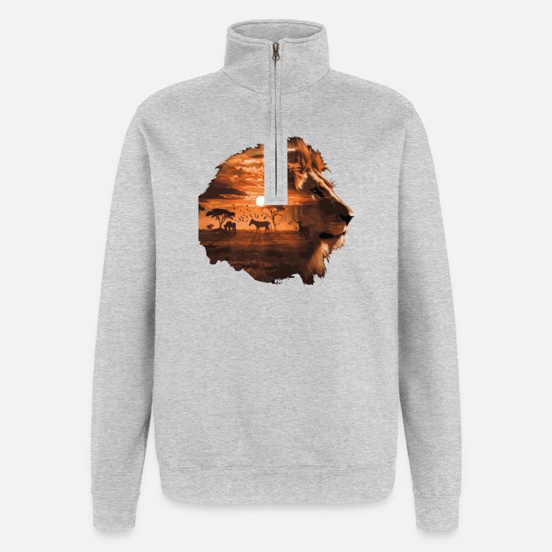 Lion Savannah Sunset Double Exposure Design - Sweat à zip 1/4 - gris chiné