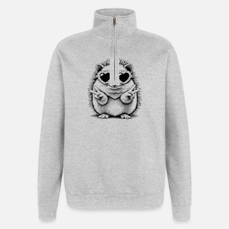 Cooler Igel mit Herzbrille - Quarter-Zip-Sweatshirt - Grau meliert